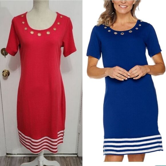 Quacker Factory Short Sleeve Striped Hem Knit Dress w Grommet red sz xs - Picture 1 of 11